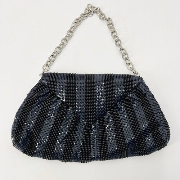 BCBGMAXAZRIA Black Navy Striped Mesh Shoulder Bag Chain Strap Evening Party HOCO - Picture 1 of 13